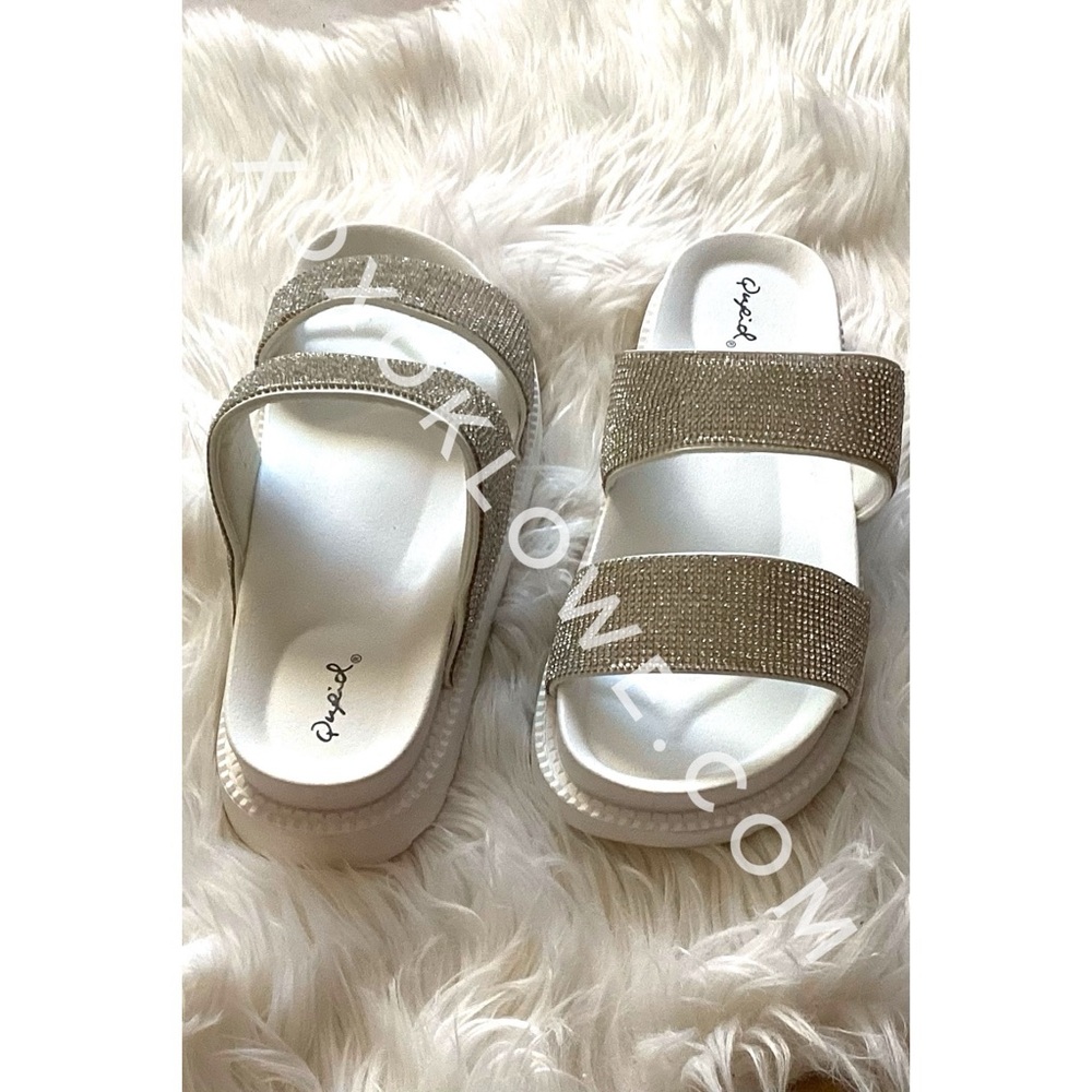 Qupid White Rhinestone Slide Sandals | Double Strap Sparkly Slip On Summer Shoes - Picture 7 of 8